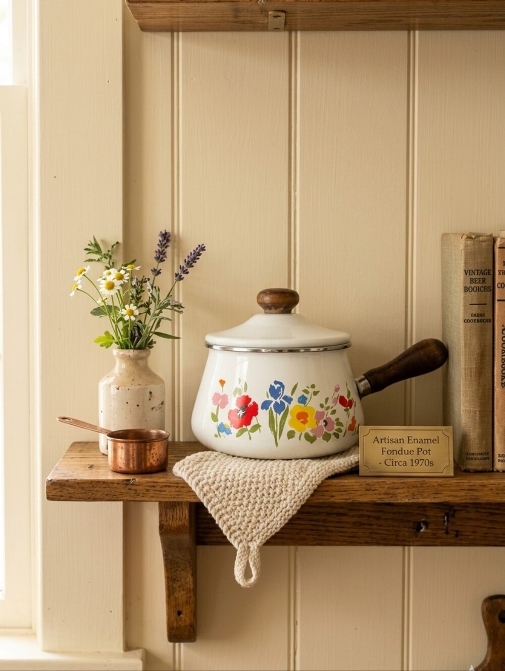 White Floral Enamel Saucepan with Lid and Wood Handle